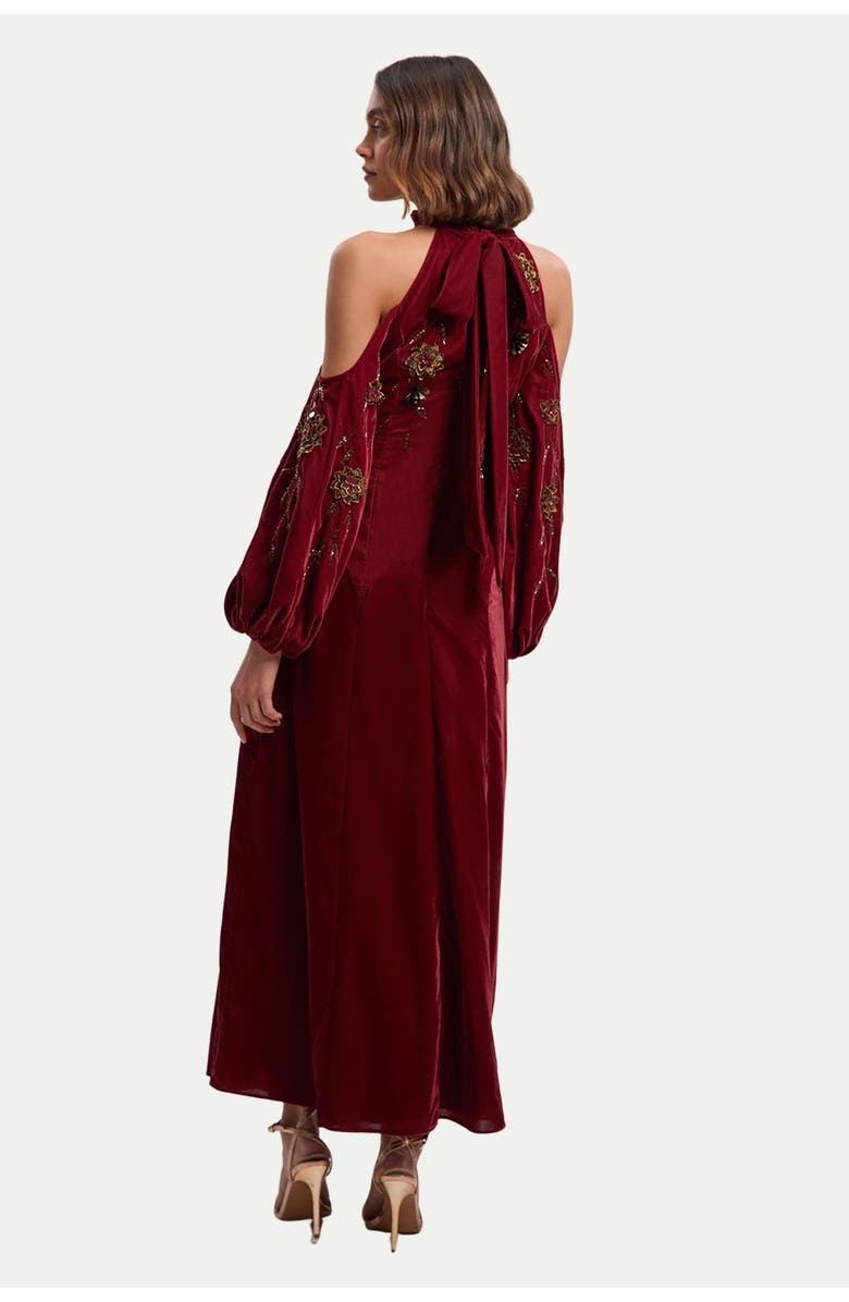 Karen Millen Velvet Embroidered High Neck Maxi Dress, Alternate, color, Rust