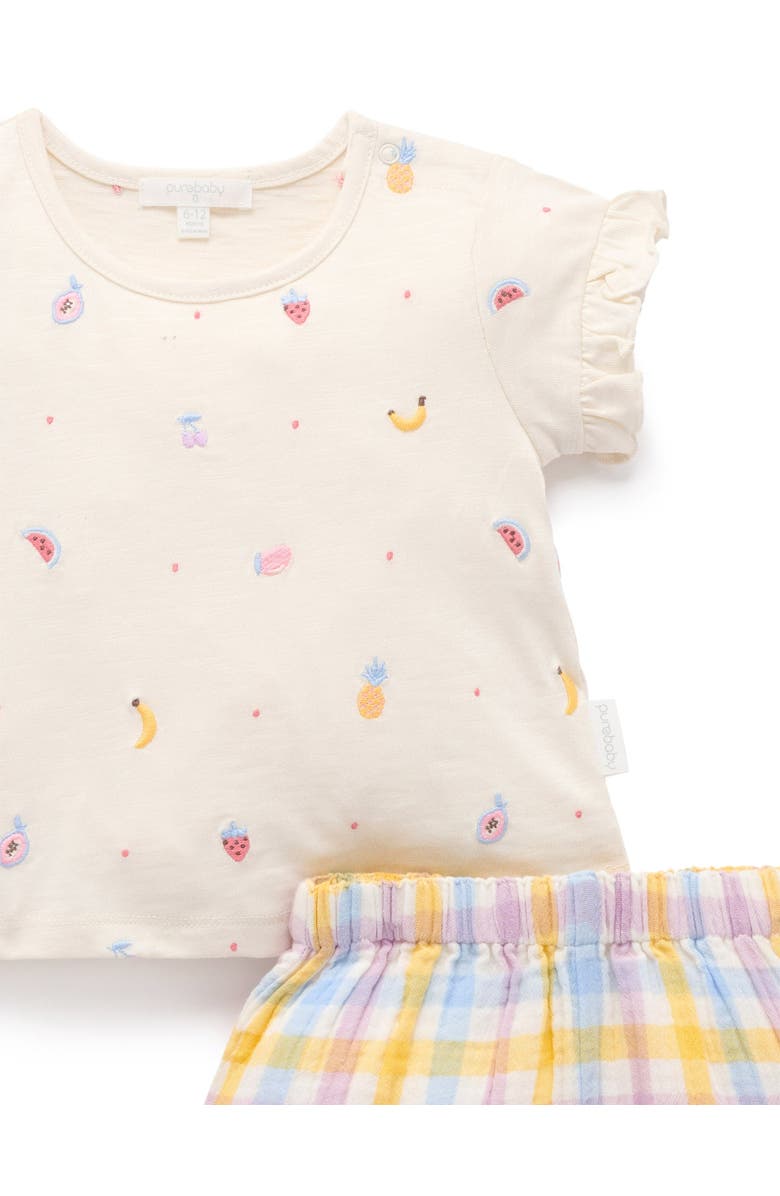 Purebaby Fruity Embroidered Top & Short Set, Alternate, color, Lila Check