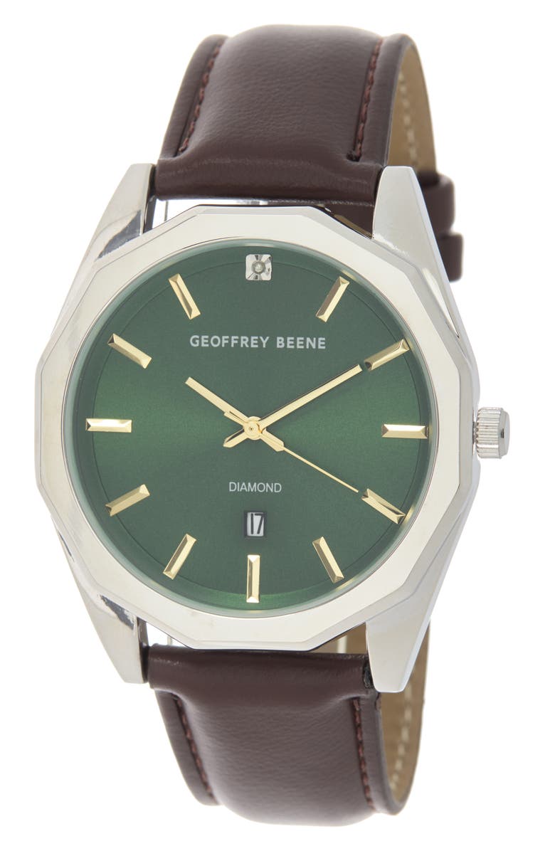 GEOFFREY BEENE Decagon Diamond Dial Leather Strap Watch, 42mm, Main, color, Silver