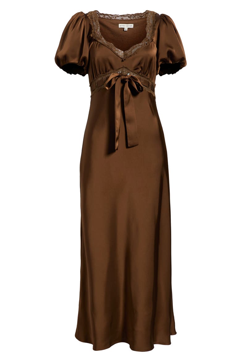 Puff Sleeve Lace Trim Maxi Dress, Alternate, color, BROWN