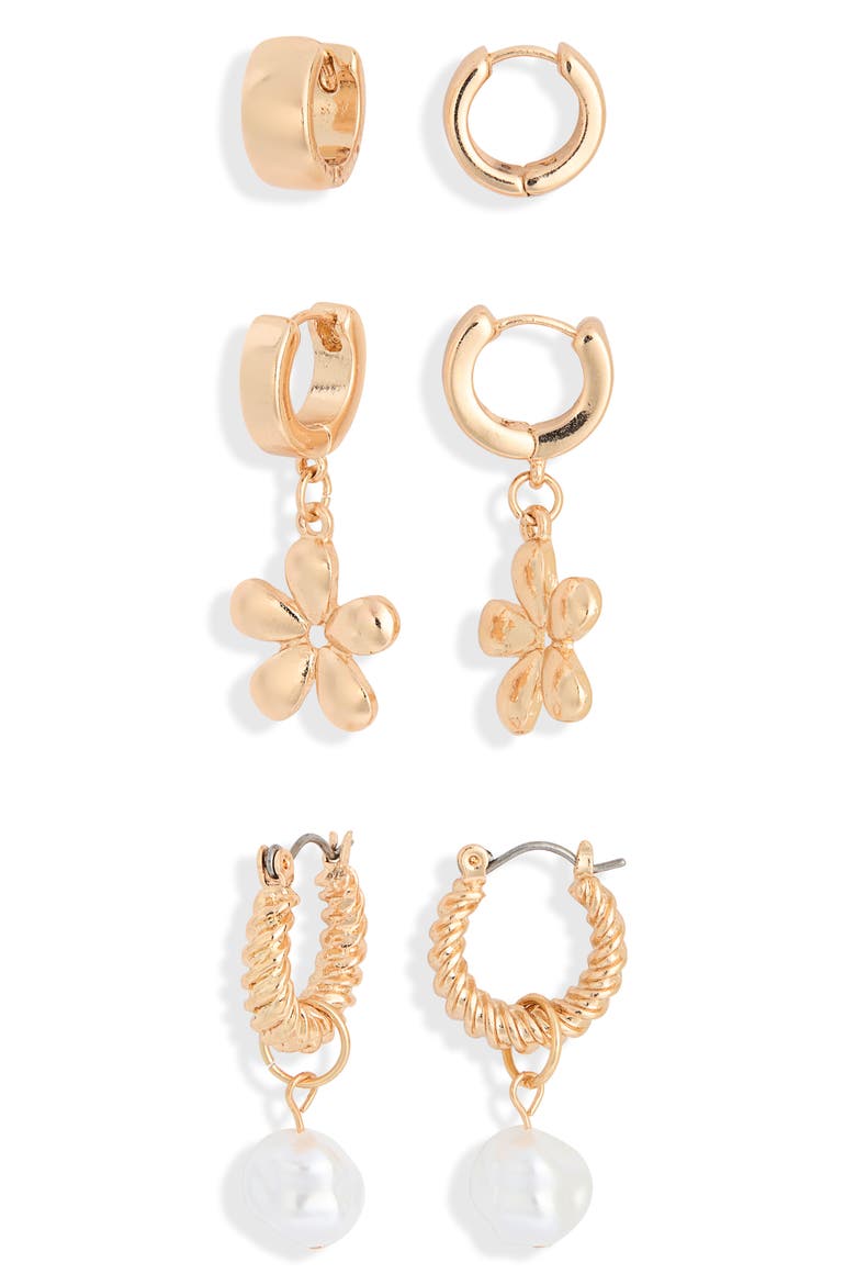 Pretty Floral Set of 3 Earrings, Main, color, IVORY- GOLD