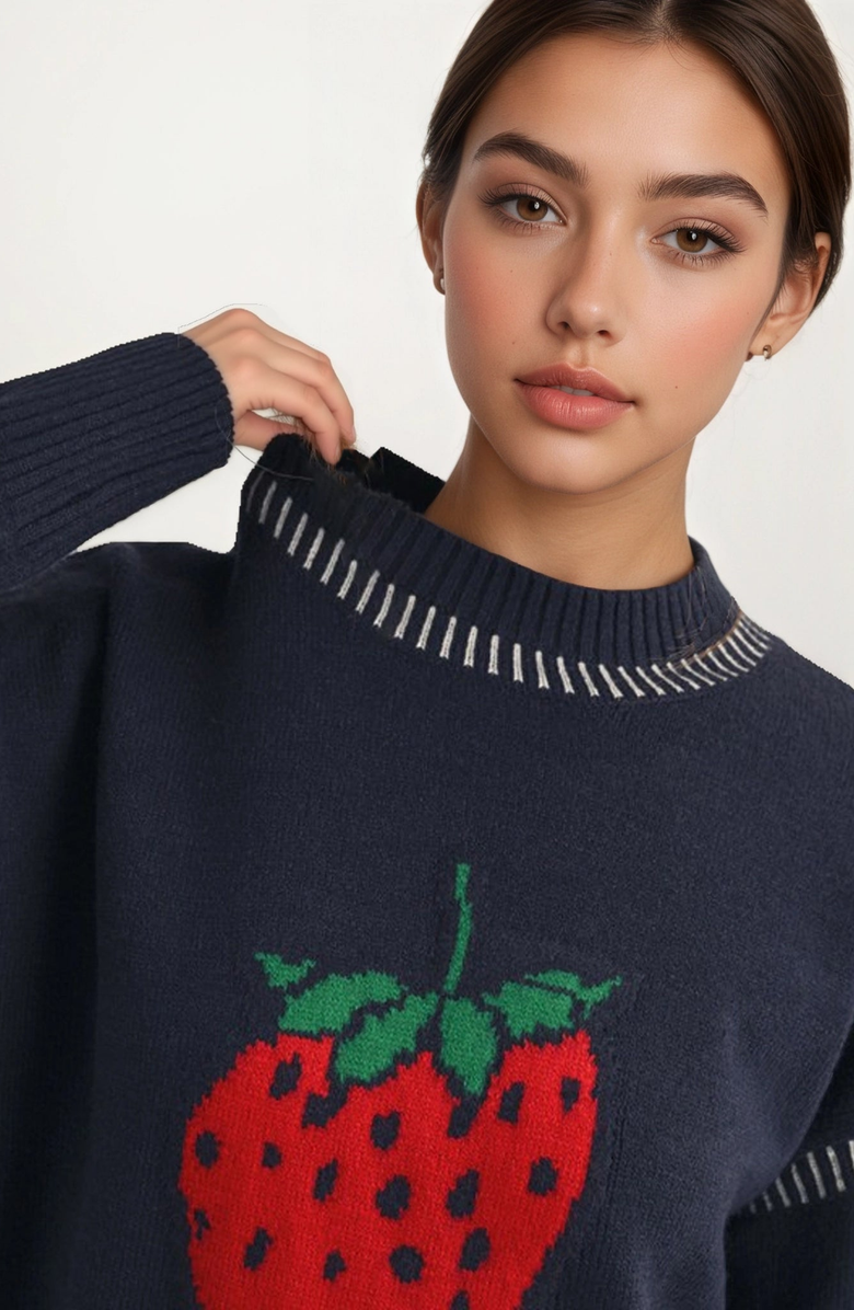 Knit and Lounge Playful Strawberry Knit Sweater with Ribbed Hem and Long Sleeves, Alternate, color, 