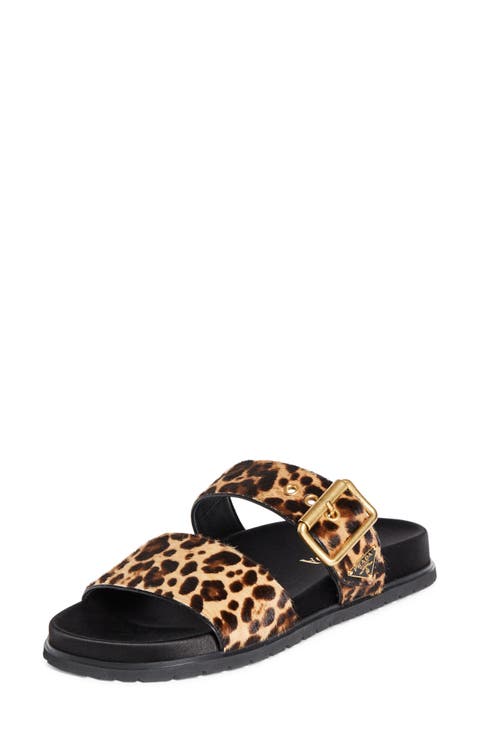 サンダル・ミュール PRADA LEOPARD PRINTED CALF HAIR SLIDE SANDALS Prada Animal Print Genuine Calf Hair Slide Sandal in Brown