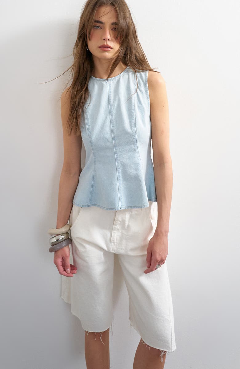 Topshop Seamed Denim Peplum Top, Main, color, Light Blue