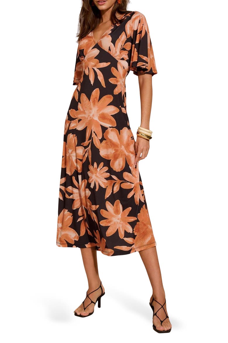 Floral Flutter Sleeve Midi Dress, Main, color, BLACK