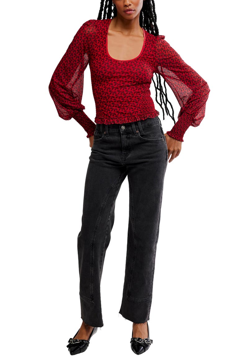 Dottie Bow Print Sheer Sleeve Smocked Top, Alternate, color, SALSA