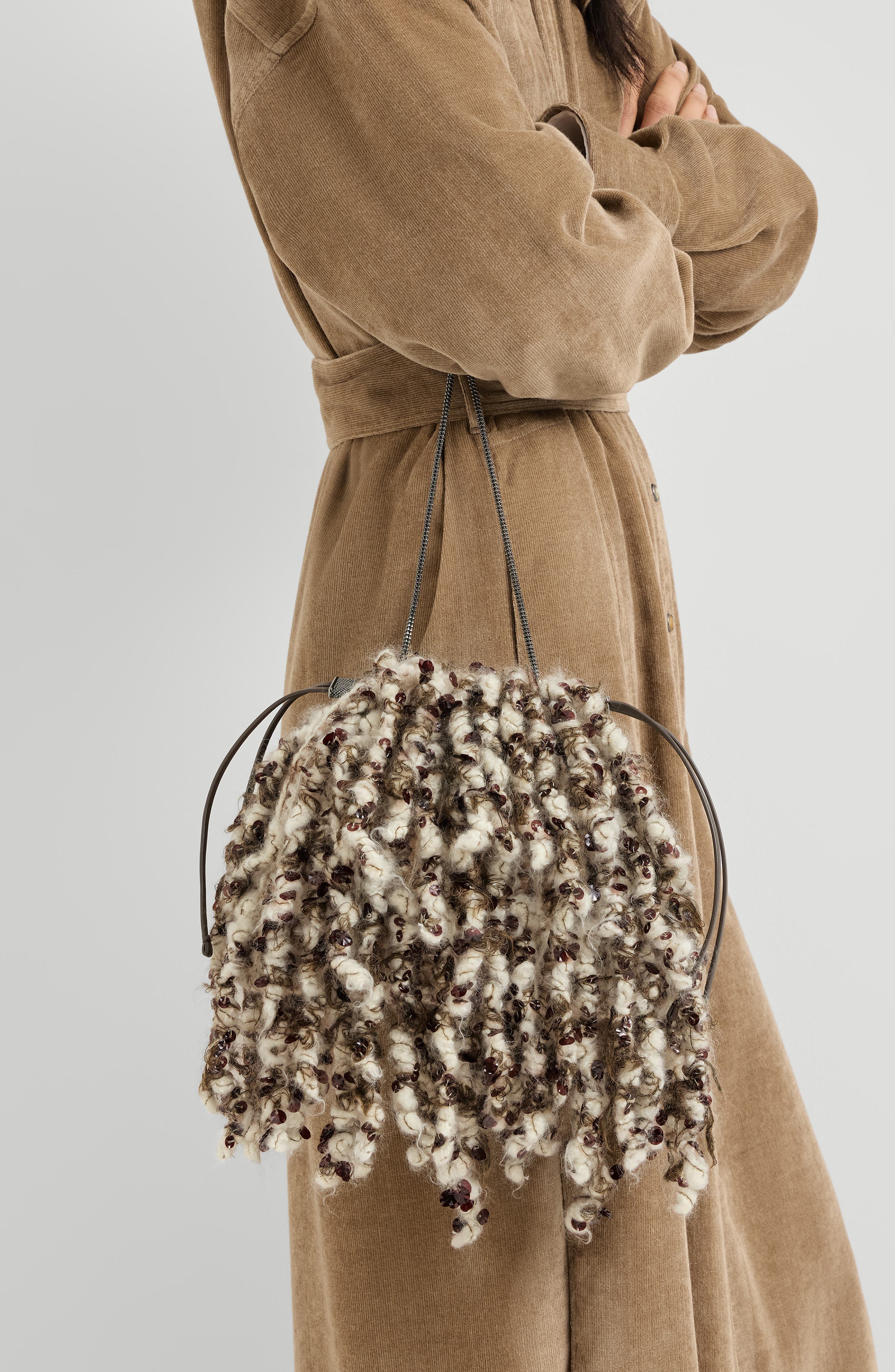 Dazzling Twist Embroidery pouch bag with precious chain, Alternate, color, Brown