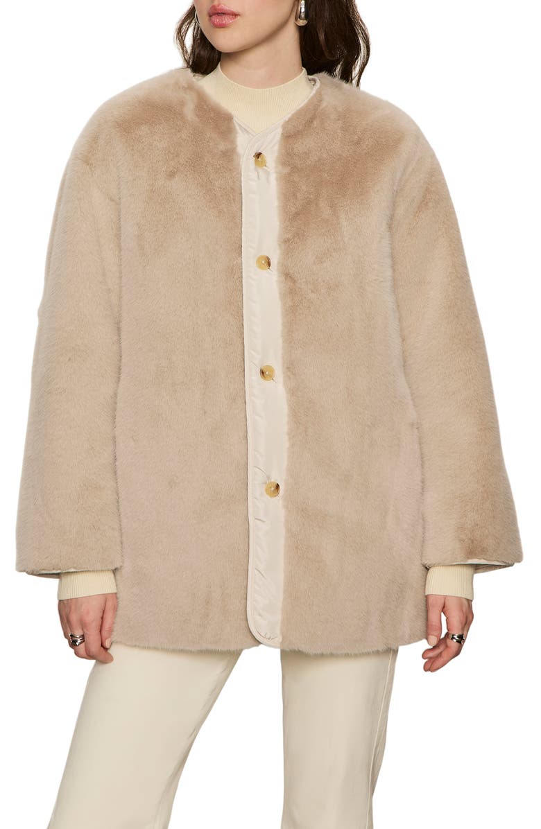 Sanctuary Reversible Collarless Faux Fur Jacket, Alternate, color, Almond White