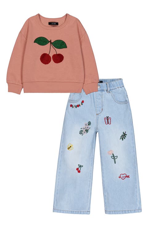 Kids' Cherry Sweatshirt & Embroidered Jeans 2-Piece Set