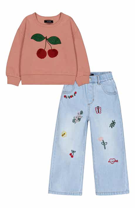 Kids' Cherry Sweatshirt & Embroidered Jeans 2-Piece Set