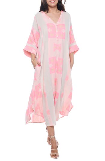 Shop Ranee's Ranees Three-quarter Sleeve Cotton Maxi Dress In Pink