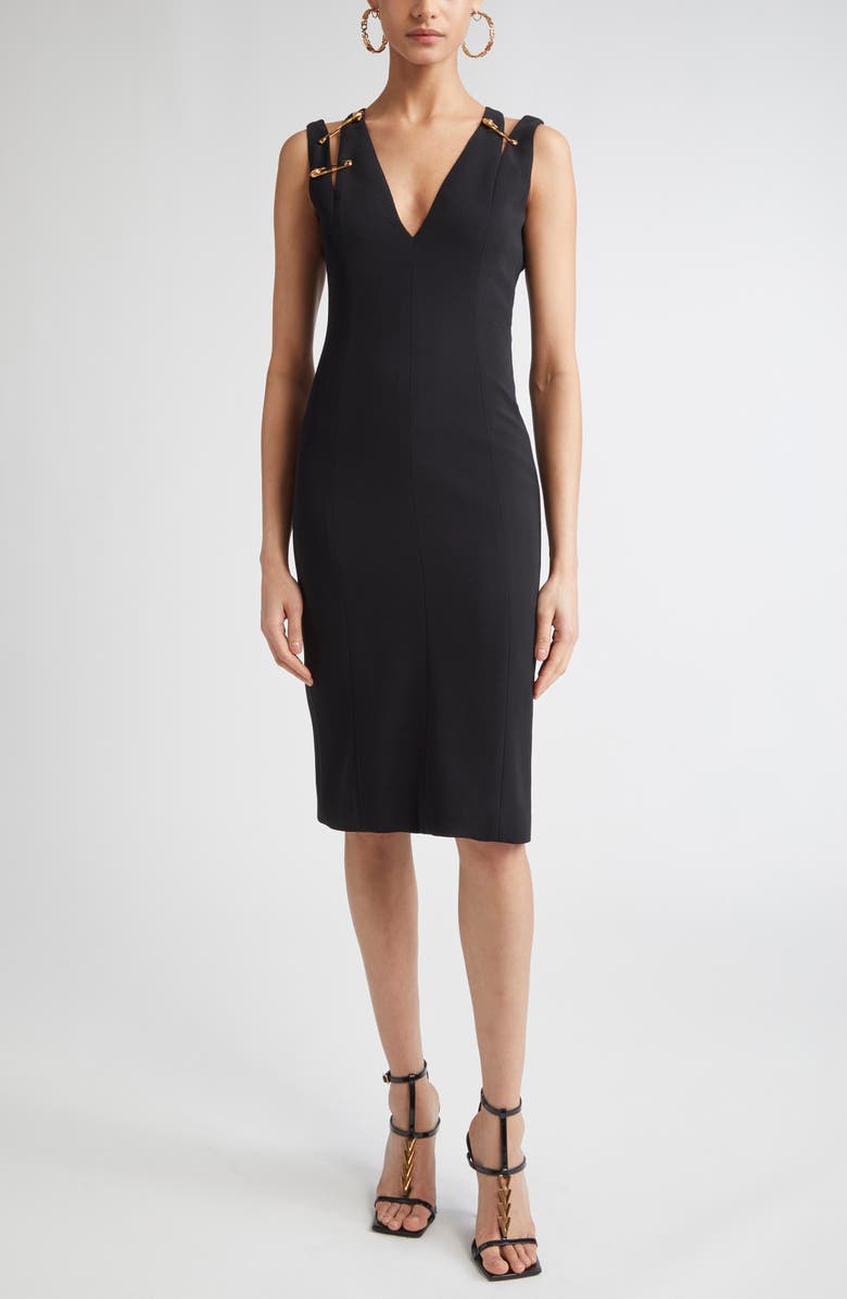 Versace Safety Pin Cady Sheath Dress, Main, color, Black