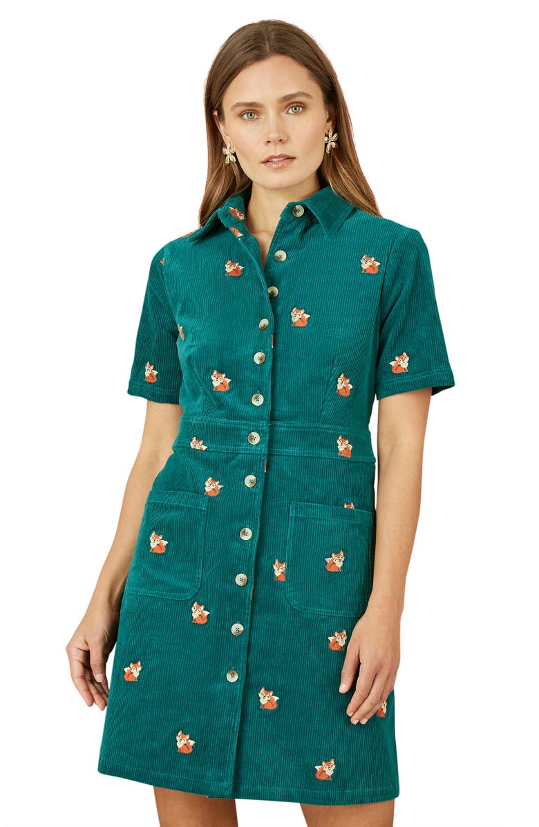 Yumi Fox Embroidered Cord Shirt Dress, Alternate, color, Teal