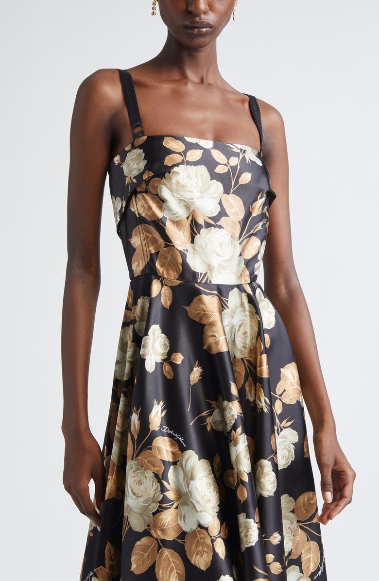 Dolce&Gabbana Rose Print Stretch Satin Charmeuse Dress, Alternate, color, Hn5qq Rose Vintage F.nero