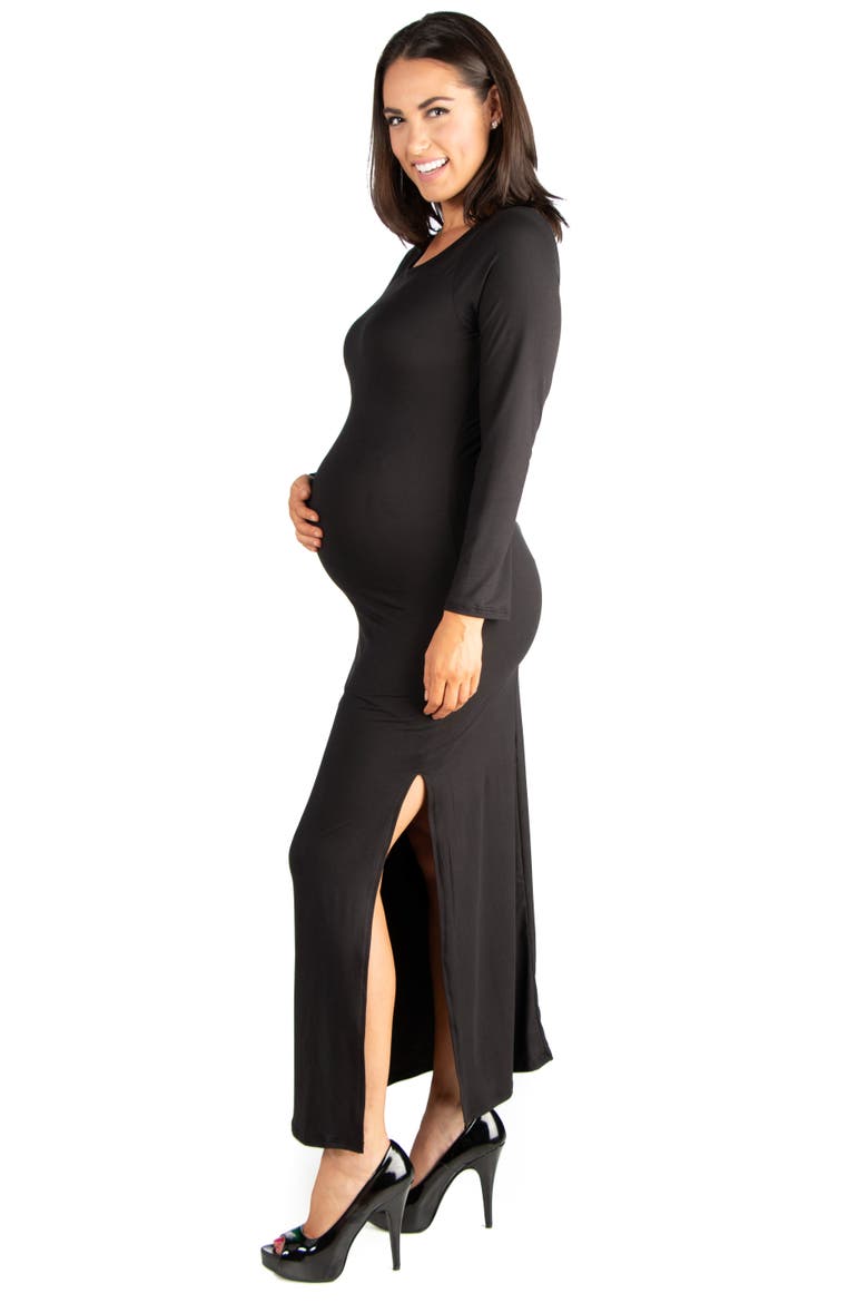 Long Sleeve Side Slit Fitted Black Maternity Maxi Dress, Alternate, color, Black