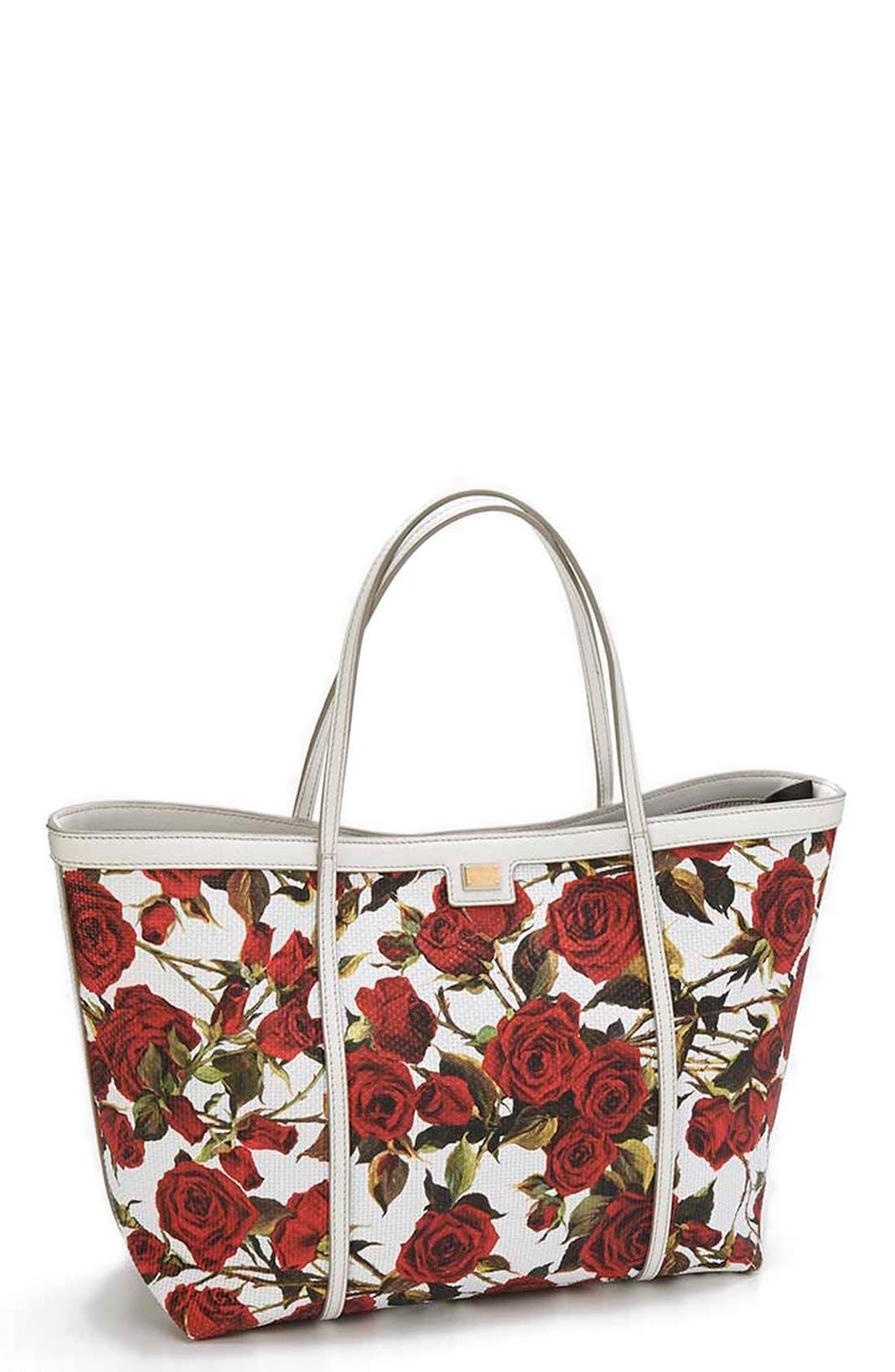 'Miss Escape' Rose Print Tote, Main, color, ROSE FONDO BIANCO