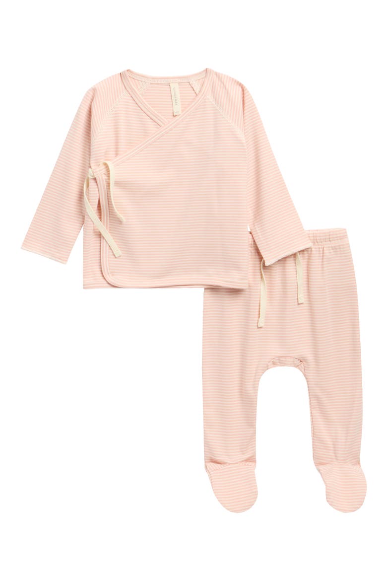 Wrap Top & Footed Pants Set, Main, color, MELON MICRO STRIPE