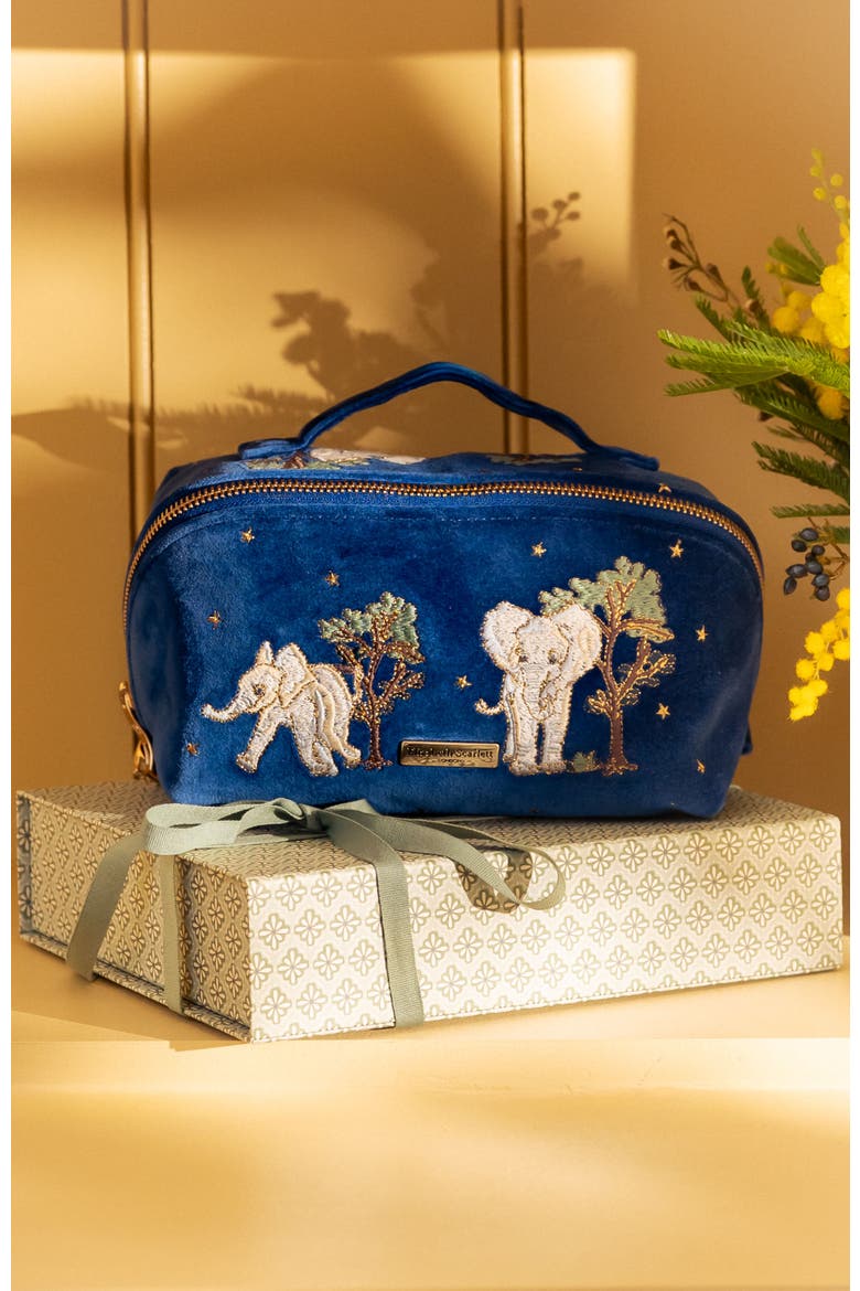 Baby Elephant Conservation Velvet Open Flat Makeup Bag, Alternate, color, Navy
