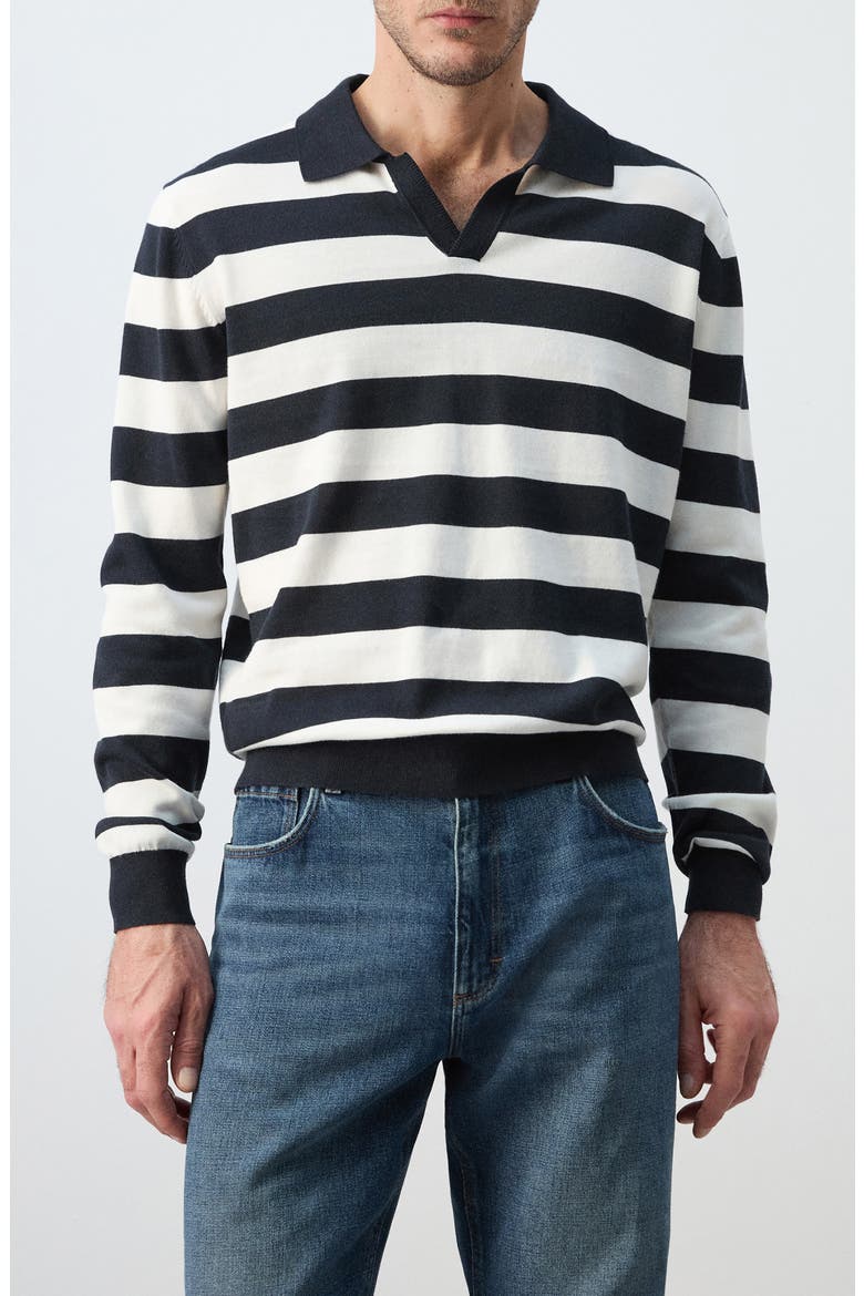 Fine Knit Long Sleeve Stripe Polo, Main, color, NAVY