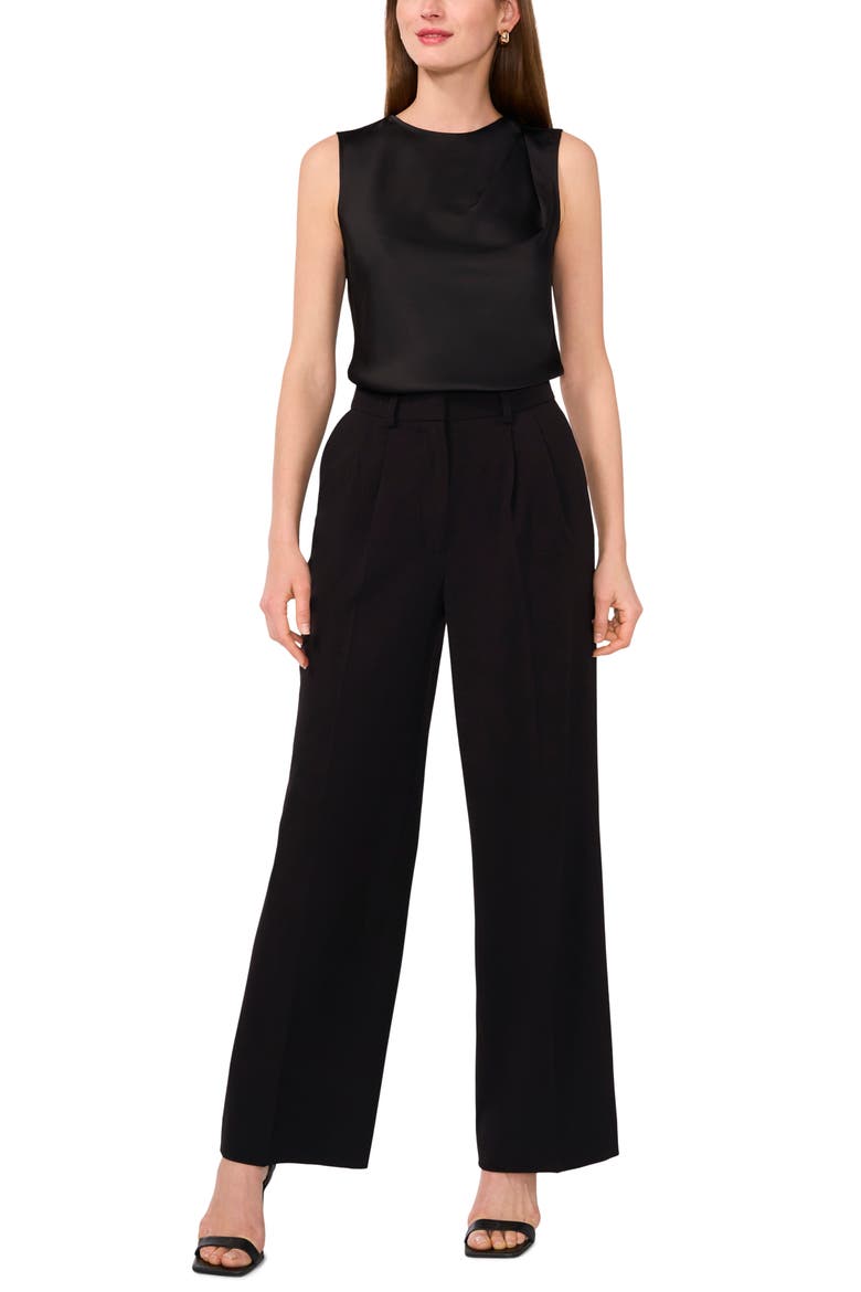 Single Pleat Sleeveless Satin Shell, Alternate, color, RICH BLACK 060