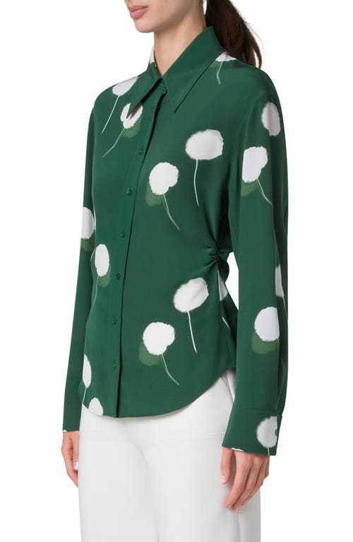 Shop Akris Dandelion Print Silk Crepe Button-up Shirt In Pine Green-ecru