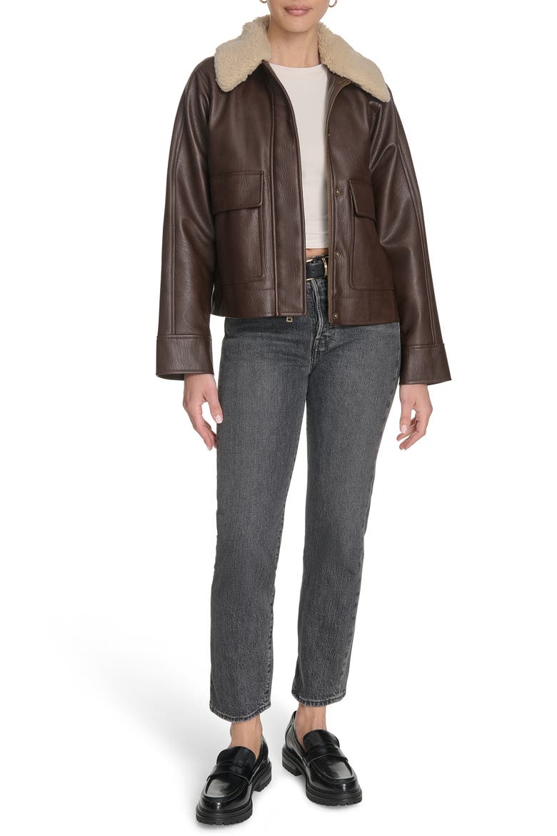 Faux Leather Aviator Jacket with High Pile Fleece Collar, Alternate, color, BROWN/ CREAM