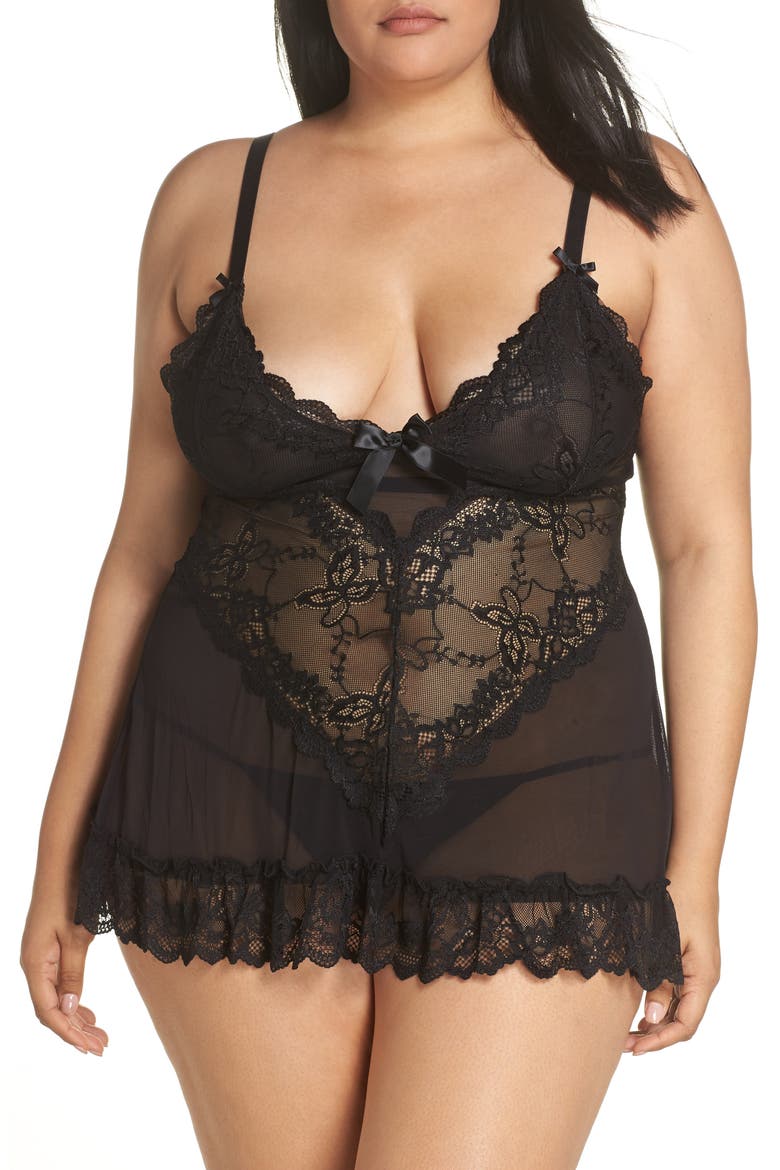 Valentine Soft Cup Babydoll Chemise & G-String Thong, Main, color, BLACK