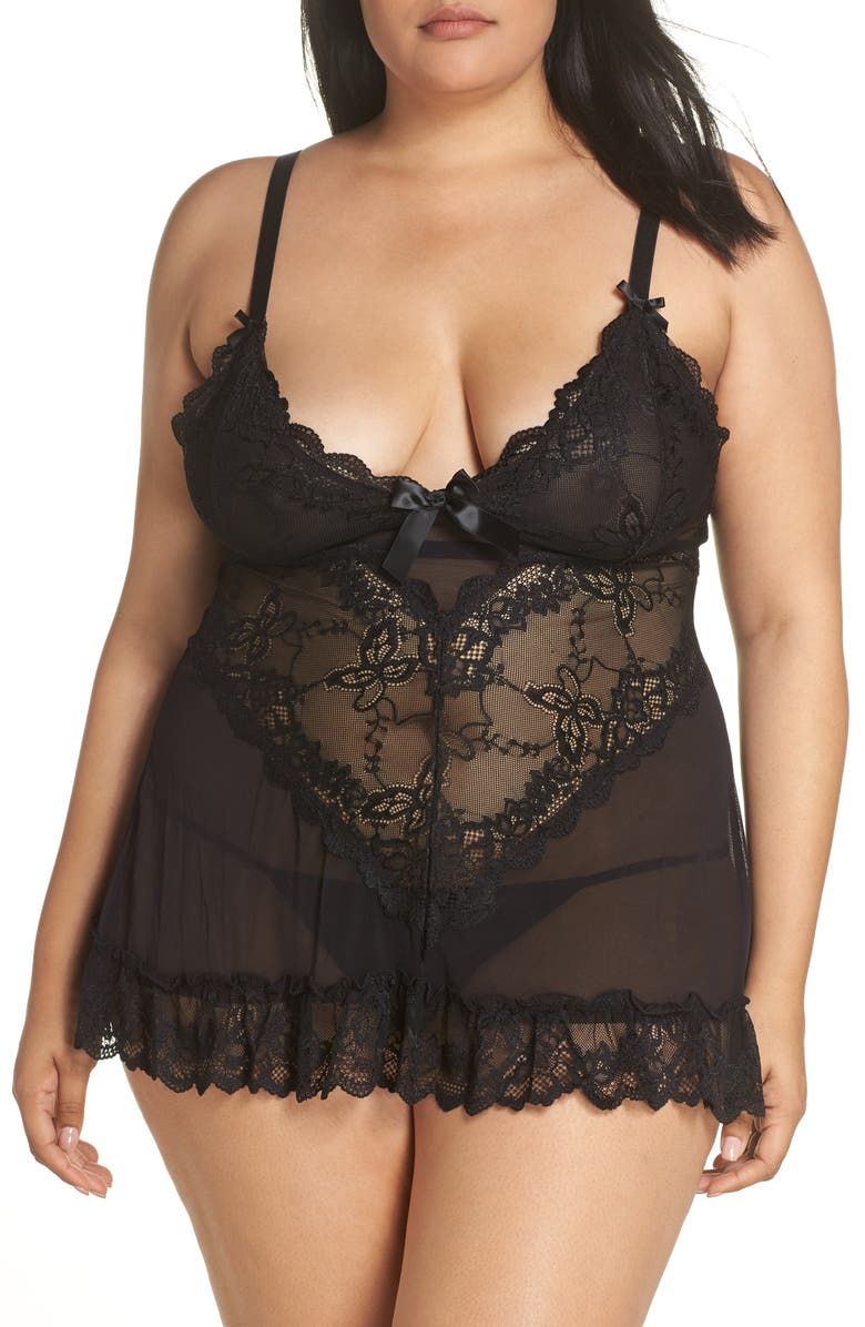 Oh La La Cheri Valentine Soft Cup Babydoll Chemise & G-String Thong, Main, color, Black