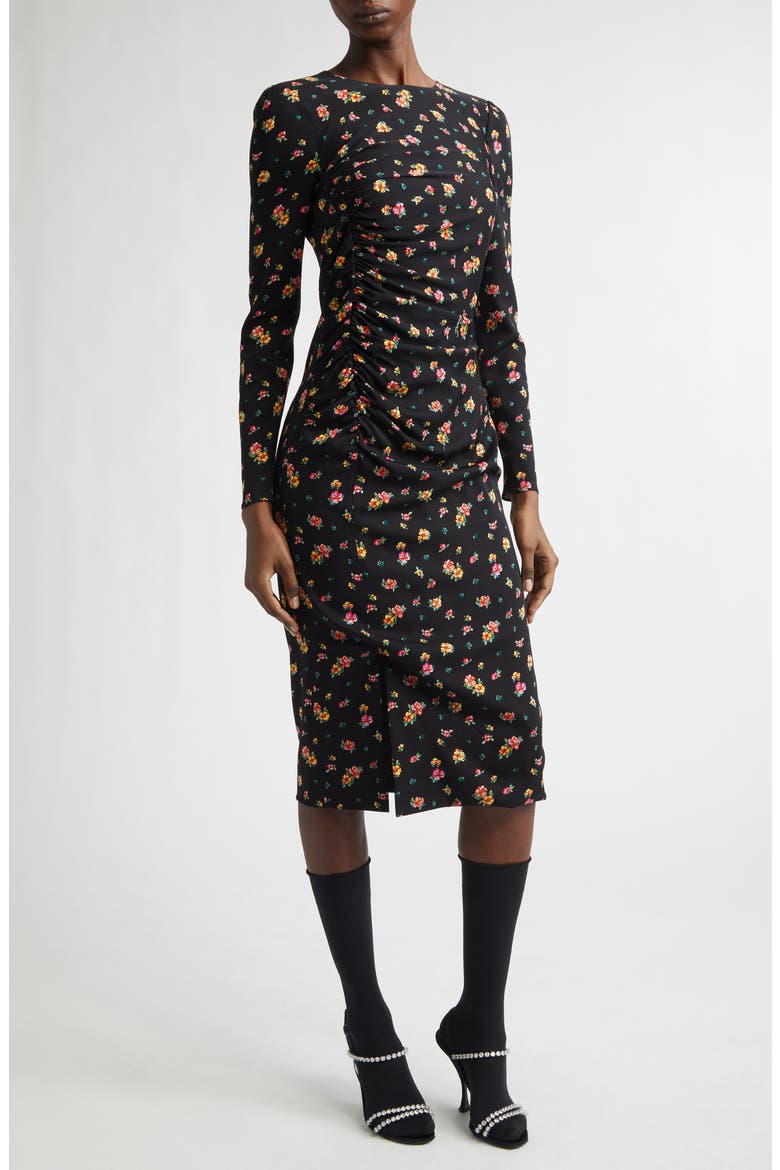 Floral Print Long Sleeve Charmeuse Midi Dress, Alternate, color, NERO