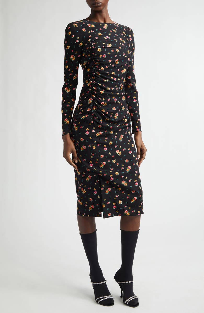 Dolce&Gabbana Floral Print Long Sleeve Charmeuse Midi Dress, Alternate, color, Nero