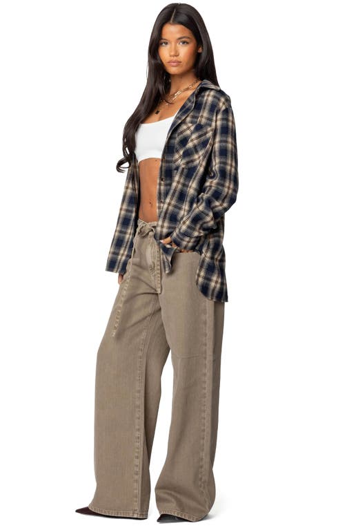 Shop Edikted Plaid Flannel Button-up Shirt In Navy