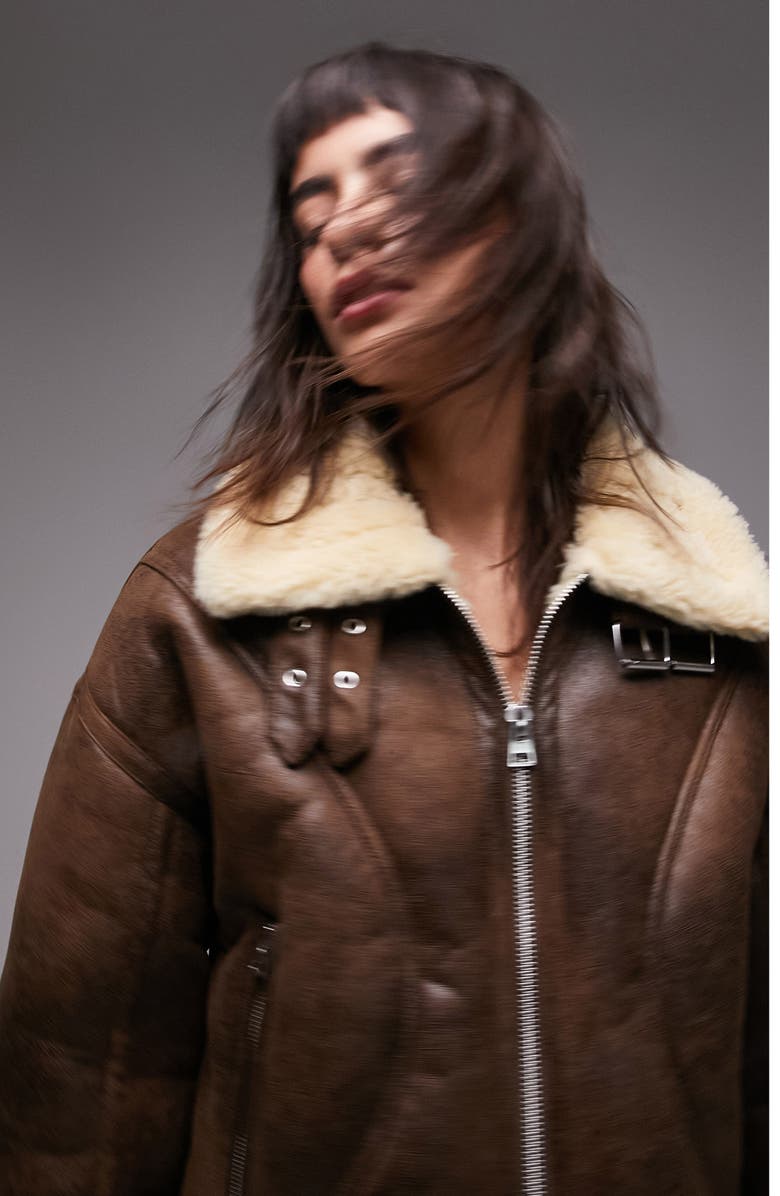 Topshop Faux Shearling Crop Aviator Jacket, Alternate, color,