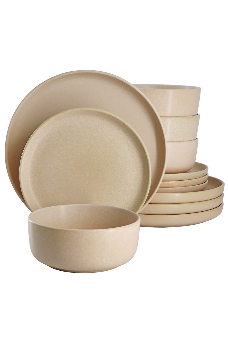 Bryant Park 12 Piece Reactive Stoneware Dinnerware Set, Main, color, Beige