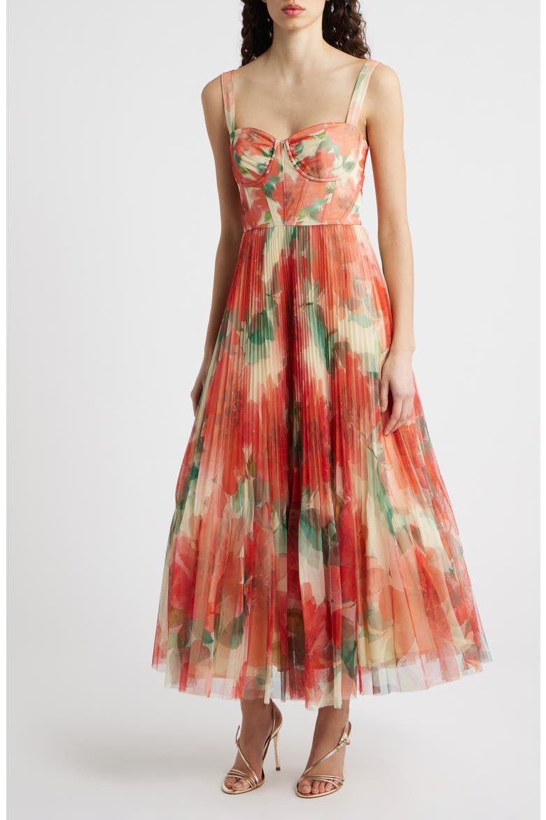 MacClare Floral Micropleat Gown, Main, color, IVORY/ CORAL WATERCOLOR