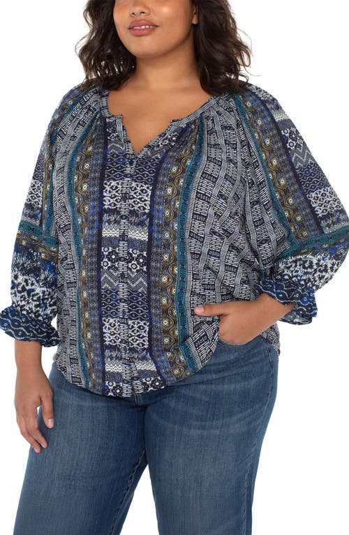 Liverpool Los Angeles Plus Size Printed V-neck Button-front 3/4-sleeve Blouse In Blue
