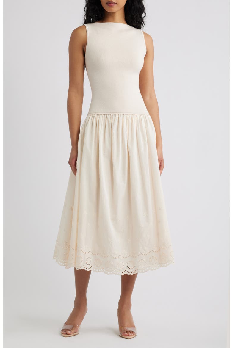 Sleeveless Mixed Media Midi Dress, Main, color, LIGHT TAUPE