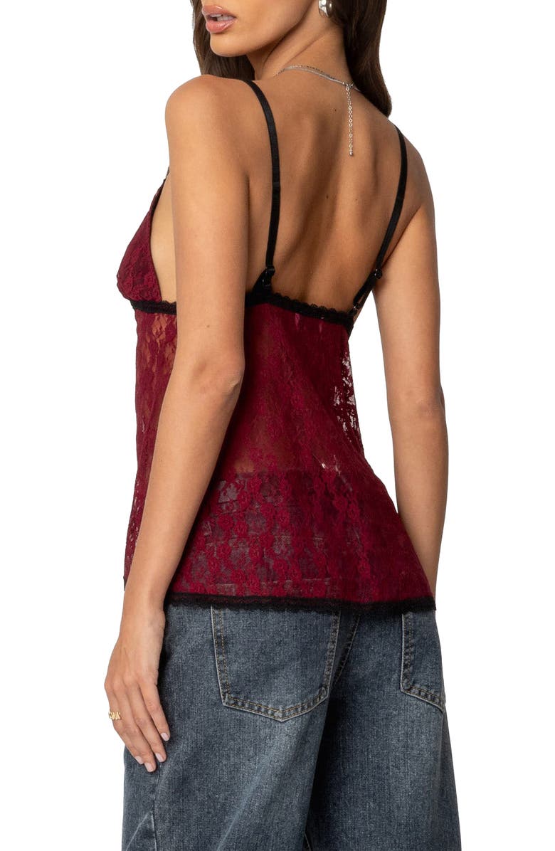 EDIKTED Maude Split Tie Front Lace Camisole, Alternate, color, Burgundy
