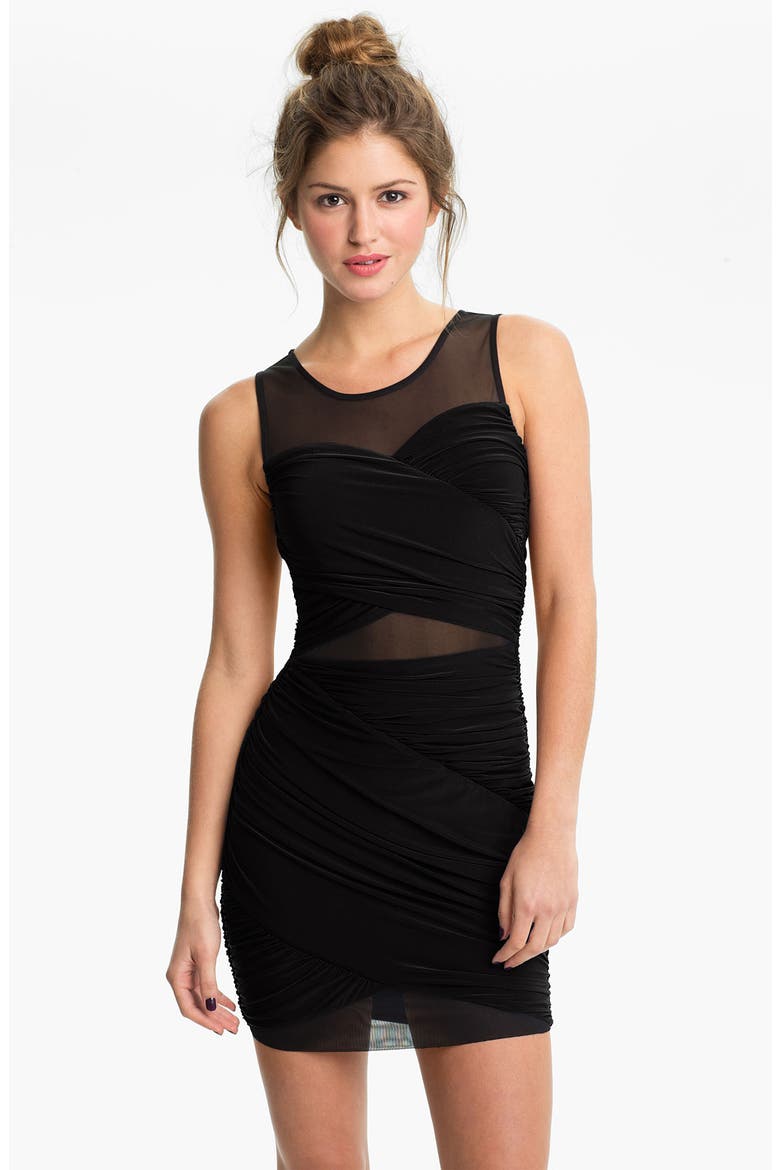 Mesh Panel Draped Body-Con Dress, Main, color, BLACK