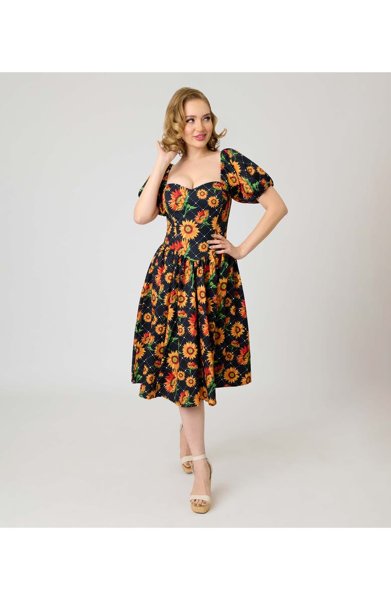 Smak Parlour Puff Sleeve Swing Dress, Main, color, Black Sunflower Print