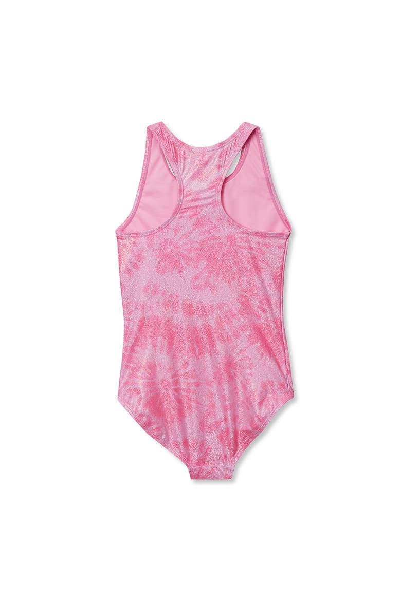 Girls Chlorine Resistant Sporty Hi-Neck Racer Back One Piece Swimsuit, Alternate, color, Pink/Foil/Tie Dye