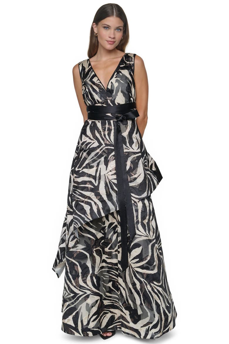 Printed Jacquard V-neck Gown with Layered Skirt, Alternate, color, Black/White