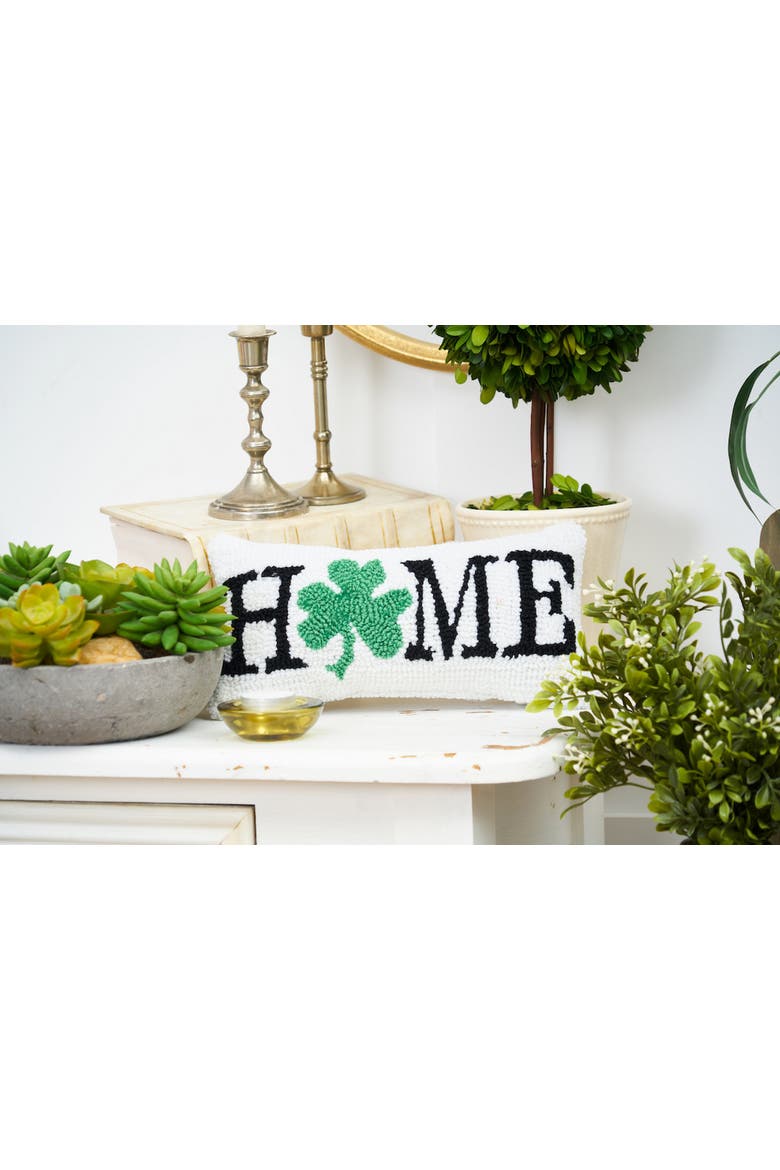 3 Leaf Clover "HOME" Shamrock Hooked Mini Accent Pillow 6" x 12", Alternate, color, White