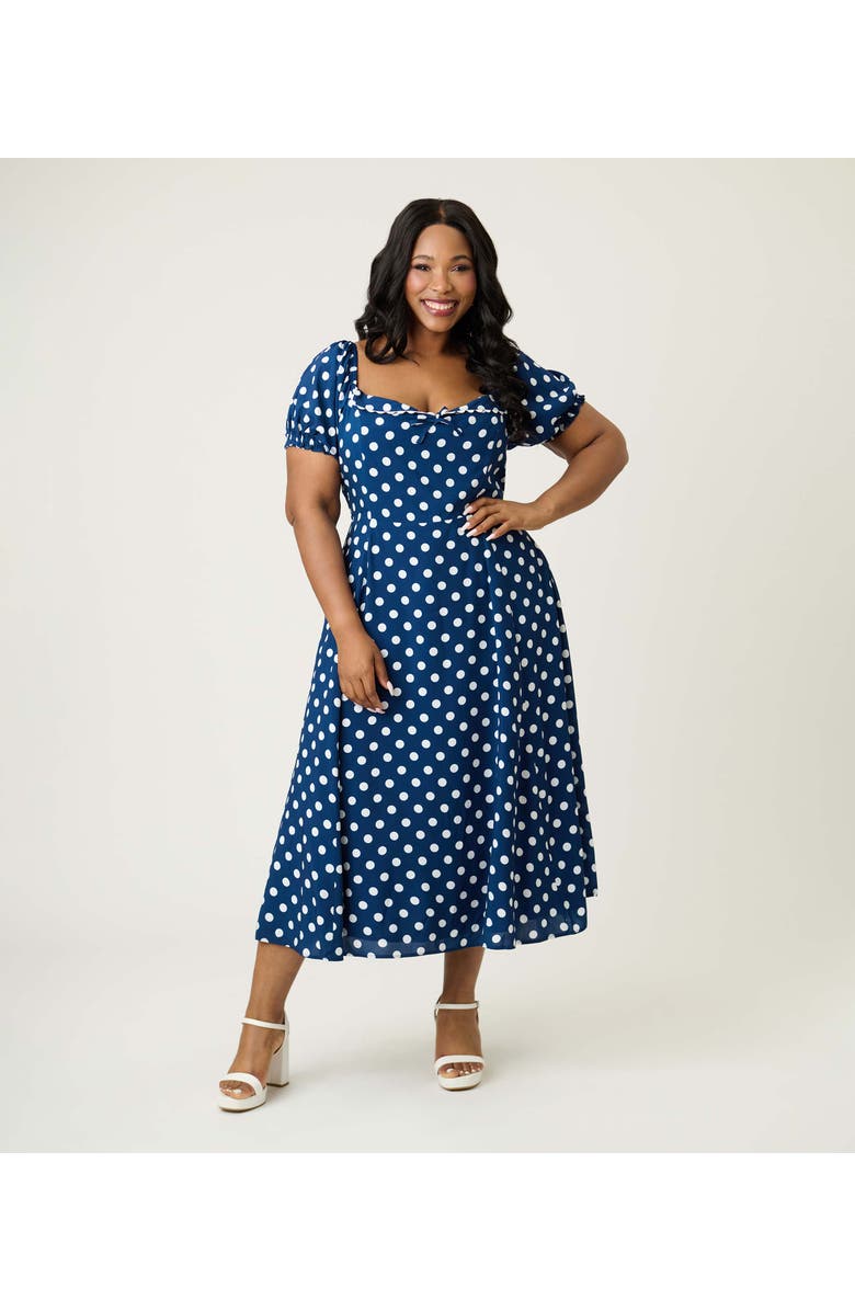 Unique Vintage Plus Size Dot Puff Sleeve Midi Dress, Main, color, Navy/White