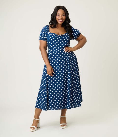 Plus Size Dot Puff Sleeve Midi Dress