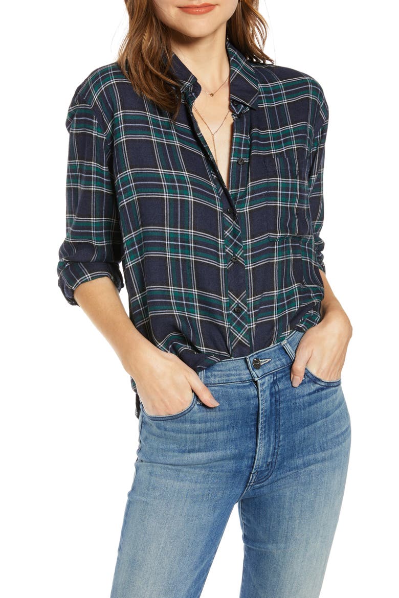 Plaid Boyfriend Shirt, Main, color, NAVY POP TARTAN