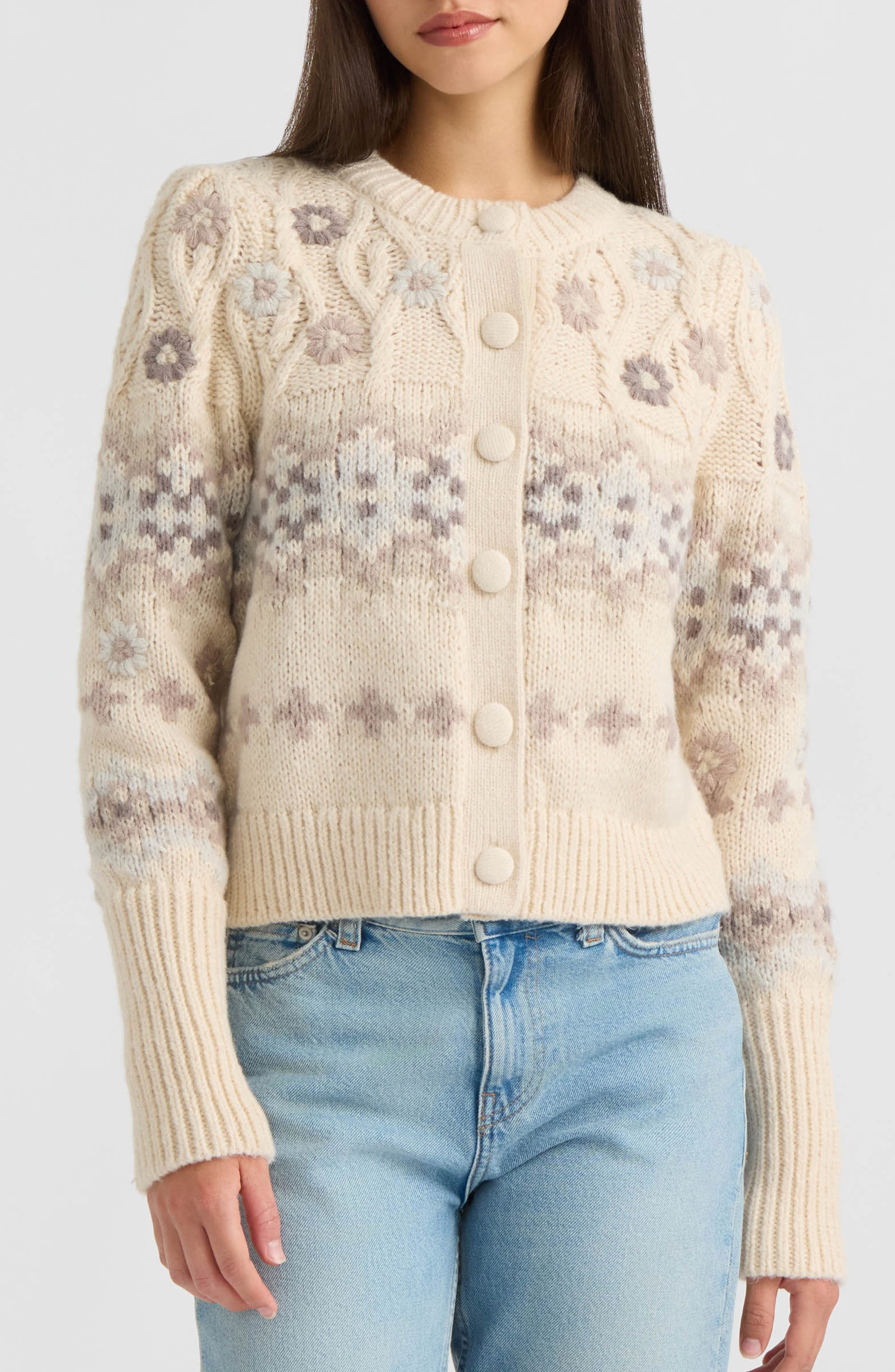 Embroidered Cable Knit Cardigan