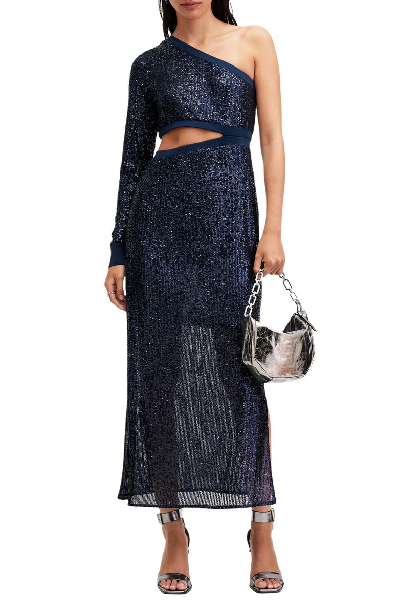 AllSaints Daisy Topaz Sequin Cutout One-Shoulder Maxi Dress, Alternate, color, Midnight Blue