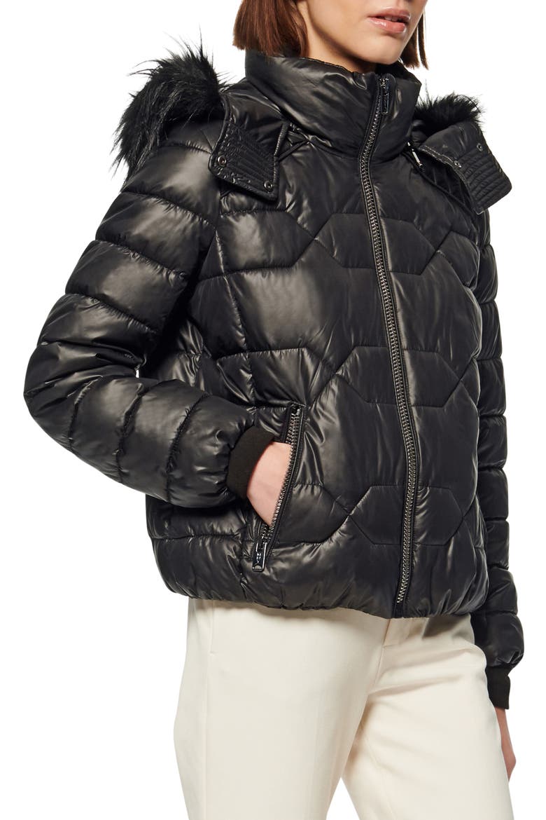 Faux Fur Trim & Feather Puffer Jacket, Main, color, BLACK
