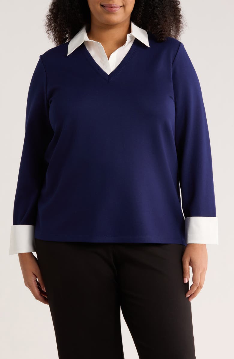 Jones New York Mixed Media Collar Sweater, Main, color, Pacific Navy/ Nyc White