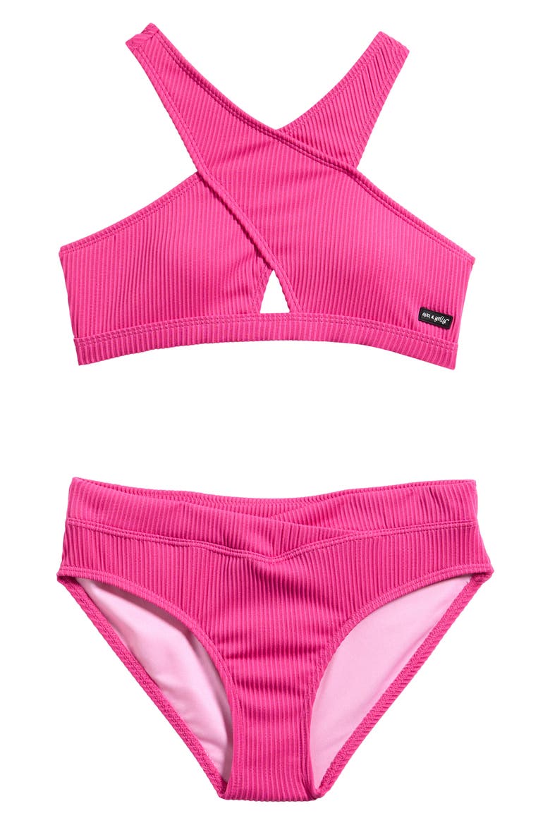 Kids' Cross Front Two-Piece Swimsuit, Main, color, FUCSHIA